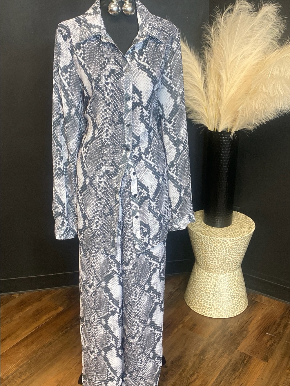 Snake Print Long Button-Front Pant Set in Black & White -